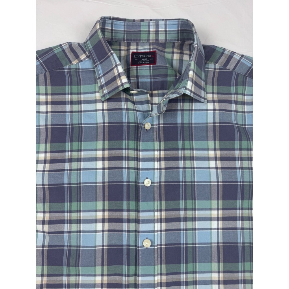 UNTUCKit Mens Large Blue Green Plaid Cotton Long Sleeve Button Down Shirt